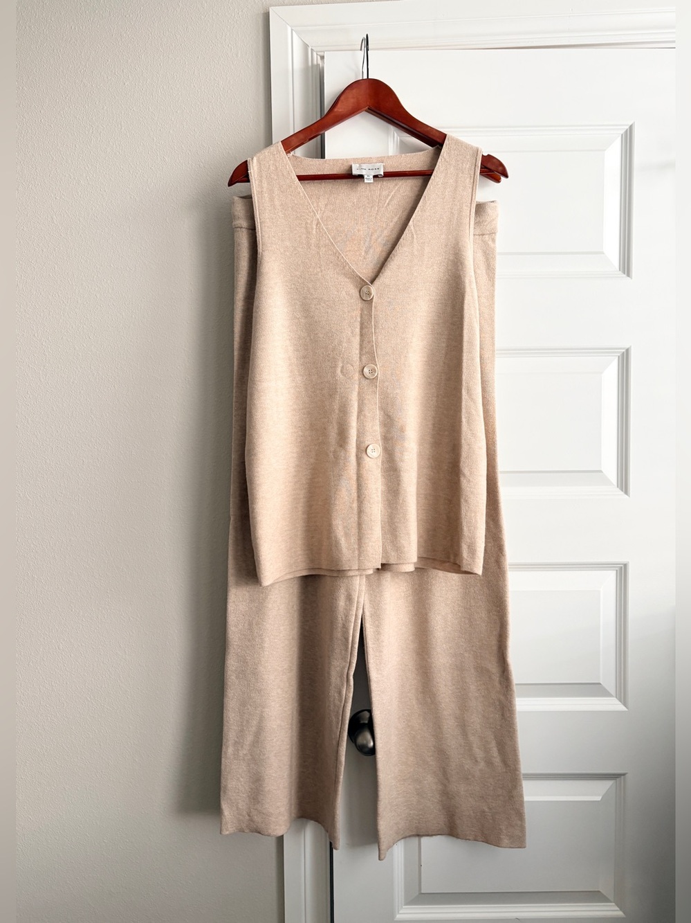 Pink Rose Neutral Beige Tan Wide-Leg Knit Pants & Button Vest Coord Set XL NWOT